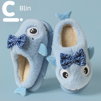 Papuci de casă pentru copii, design rechin caricatură, talpă EVA groasă și căptușeală caldă