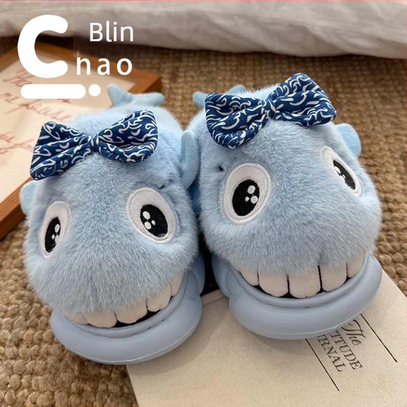 Papuci de casă pentru copii, design rechin caricatură, talpă EVA groasă și căptușeală caldă