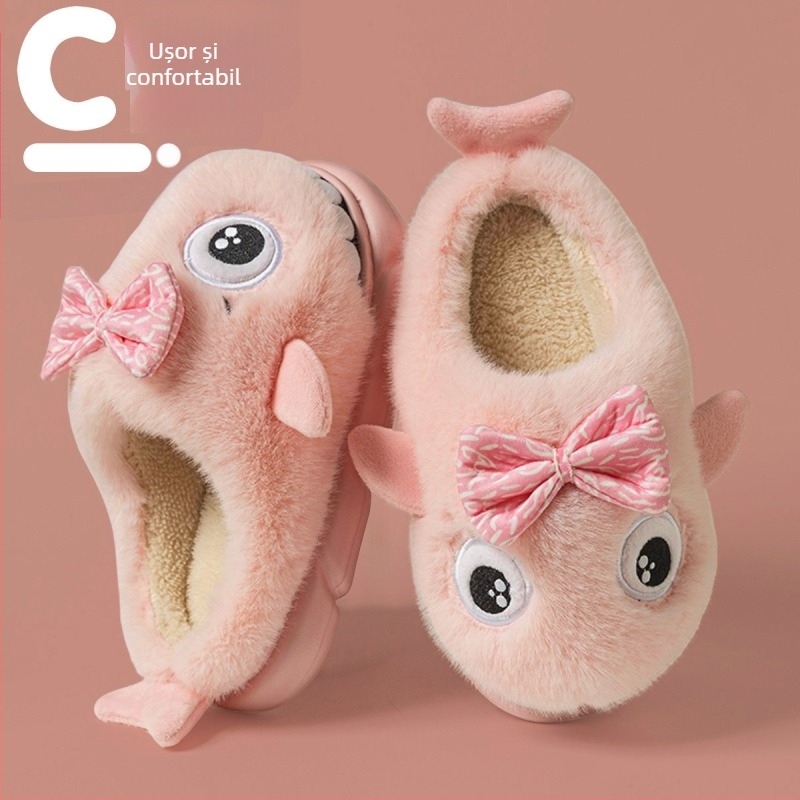 Papuci de casă pentru copii, design rechin caricatură, talpă EVA groasă și căptușeală caldă