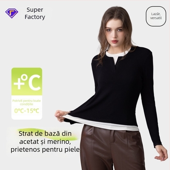 Top tricotat de bază din fibre de acetat – model color-block, guler rotund, mâneci lungi, design dublu fals