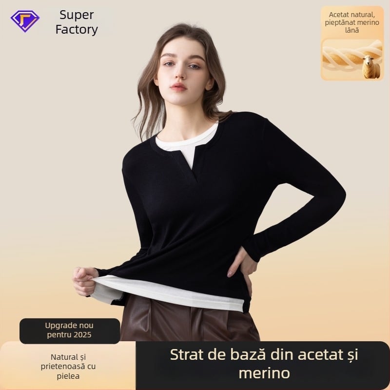 Top tricotat de bază din fibre de acetat – model color-block, guler rotund, mâneci lungi, design dublu fals