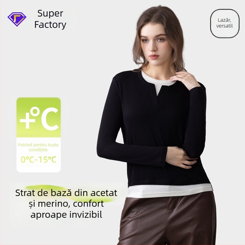 Top tricotat de bază din fibre de acetat – model color-block, guler rotund, mâneci lungi, design dublu fals