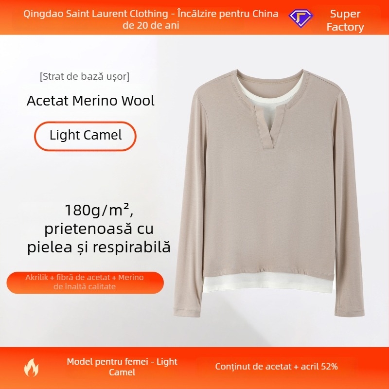 Top tricotat de bază din fibre de acetat – model color-block, guler rotund, mâneci lungi, design dublu fals