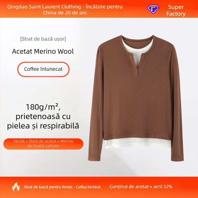 Top tricotat de bază din fibre de acetat – model color-block, guler rotund, mâneci lungi, design dublu fals