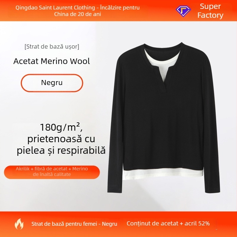 Top tricotat de bază din fibre de acetat – model color-block, guler rotund, mâneci lungi, design dublu fals