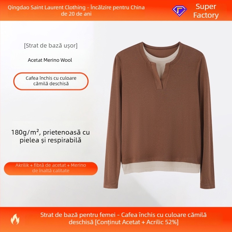 Top tricotat de bază din fibre de acetat – model color-block, guler rotund, mâneci lungi, design dublu fals