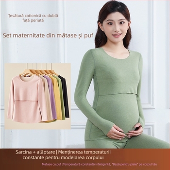 Set de lenjerie termică pentru maternitate | Amestec casmir-acril | Deschidere pentru alăptare | Mâneci lungi, pantaloni lungi | Stil casual japonez-coreean