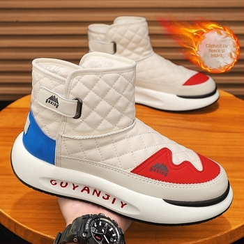 Cizme de zăpadă pentru bărbați - căptușeală din fleece, partea superioară PU, talpă PVC, impermeabile, antiderapante.