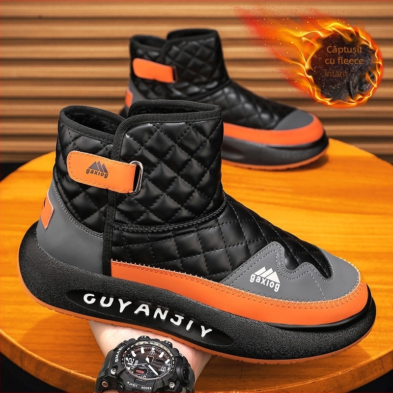 Cizme de zăpadă pentru bărbați - căptușeală din fleece, partea superioară PU, talpă PVC, impermeabile, antiderapante.