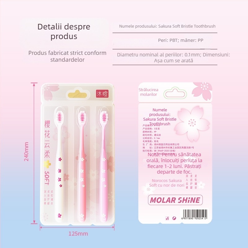 Periuță de dinți manuală pentru adulți, fire moi, protecție a gingiilor, model 001, set de 3