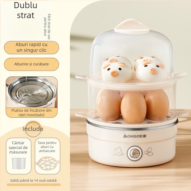 Fierbător de ouă Chigo cu dublu nivel de abur, întrerupere automată, 350W, 220V – ouă fierte, paste gătite la abur și budincă de ou