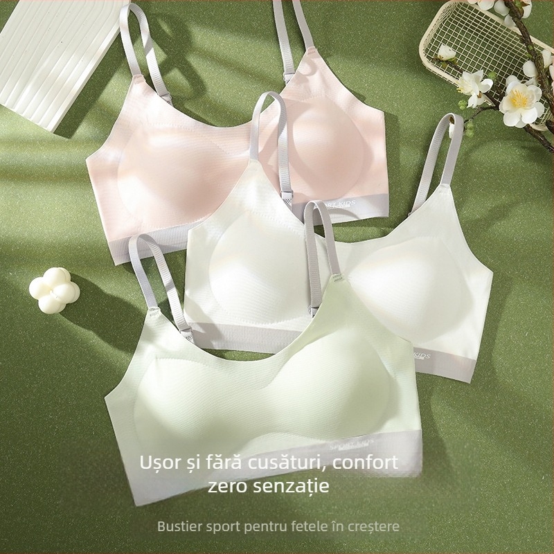 Bustier sport pentru adolescente – material Ice Silk din nylon, cupe pline, burete ușor modelat, bretele fixe dublu, spate cu trei rânduri de închizători