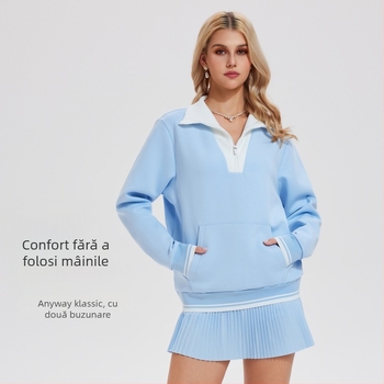 Hanorac damă tenis vintage cu guler înalt și fermoar pe jumătate, mâneci lungi; Material: Space Cotton; Compoziție material: Bumbac; Captuseală: Space Cotton; Compoziție captuseală: Bumbac