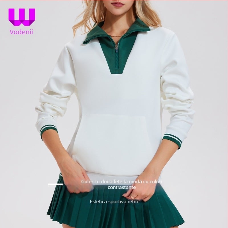 Hanorac damă tenis vintage cu guler înalt și fermoar pe jumătate, mâneci lungi; Material: Space Cotton; Compoziție material: Bumbac; Captuseală: Space Cotton; Compoziție captuseală: Bumbac