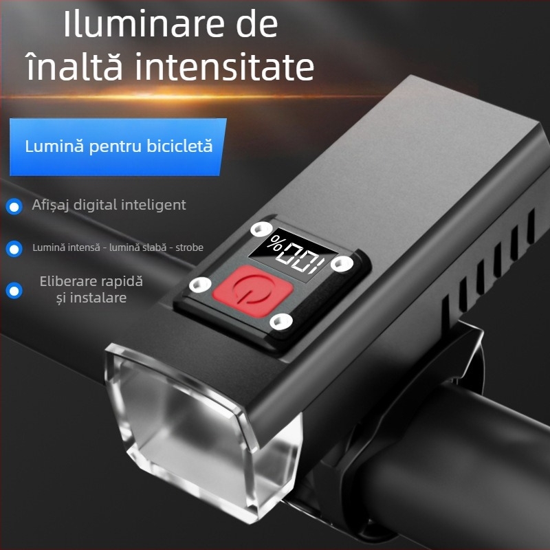 Lumină frontală pentru bicicletă cu afișaj digital inteligent – ultralumină, pentru ciclism nocturn, far frontal, lanternă de mână