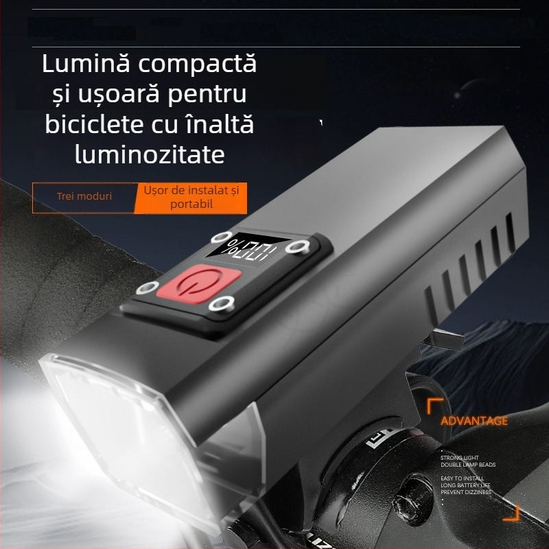 Lumină frontală pentru bicicletă cu afișaj digital inteligent – ultralumină, pentru ciclism nocturn, far frontal, lanternă de mână