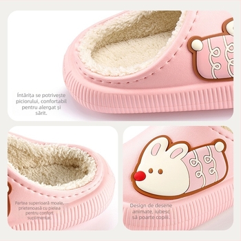 Papuci de casă din bumbac pentru copii — model cu desene animate, partea superioară și talpa din EVA, căldură de iarnă, unisex, vârste 4-16 ani