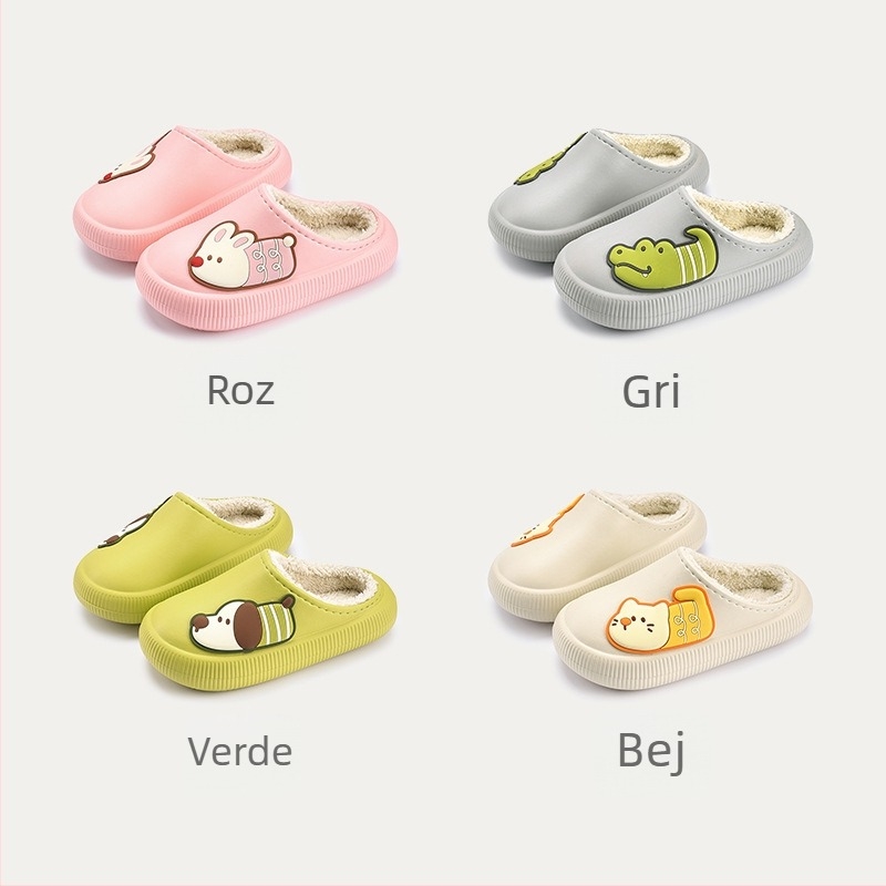 Papuci de casă din bumbac pentru copii — model cu desene animate, partea superioară și talpa din EVA, căldură de iarnă, unisex, vârste 4-16 ani