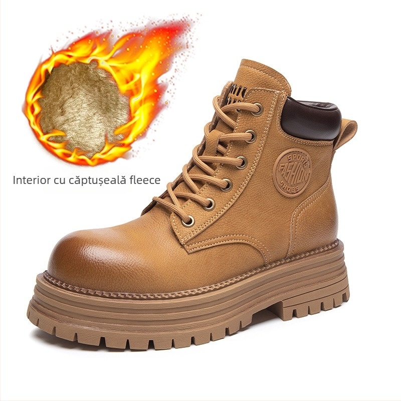 Botine Martin din piele naturală pentru femei, închidere cu șiret în față, toc mediu, vârf rotund, talpă groasă