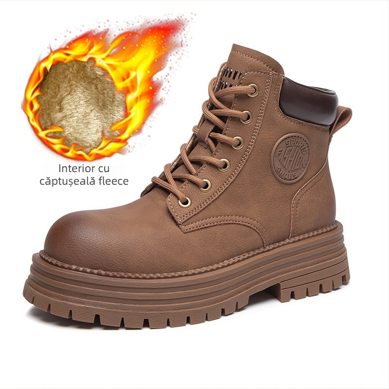 Botine Martin din piele naturală pentru femei, închidere cu șiret în față, toc mediu, vârf rotund, talpă groasă