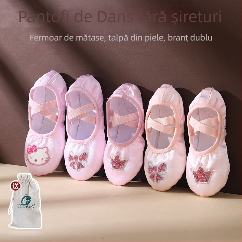 Pantofi de dans pentru copii, cu partea superioară din mătase și talpa din piele, pentru balet, dans modern și latino, respirabili, impermeabili