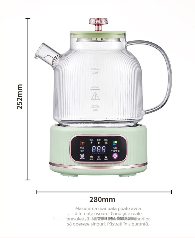 Ceainic de sănătate din sticlă, 1L, 220V, 400–500W, Termostat digital, Control cu microcomputer