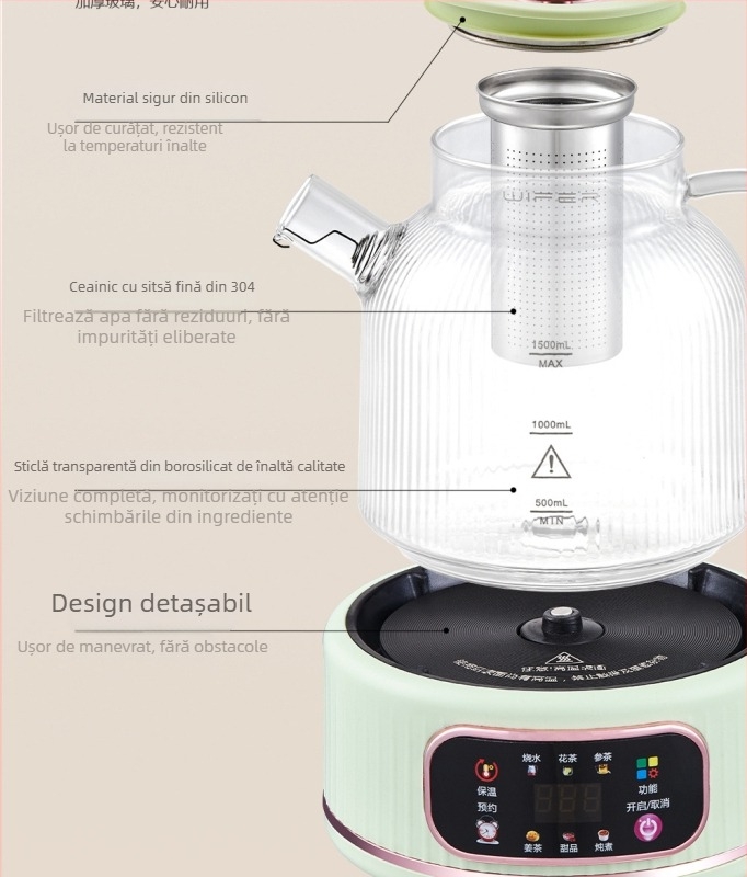 Ceainic de sănătate din sticlă, 1L, 220V, 400–500W, Termostat digital, Control cu microcomputer