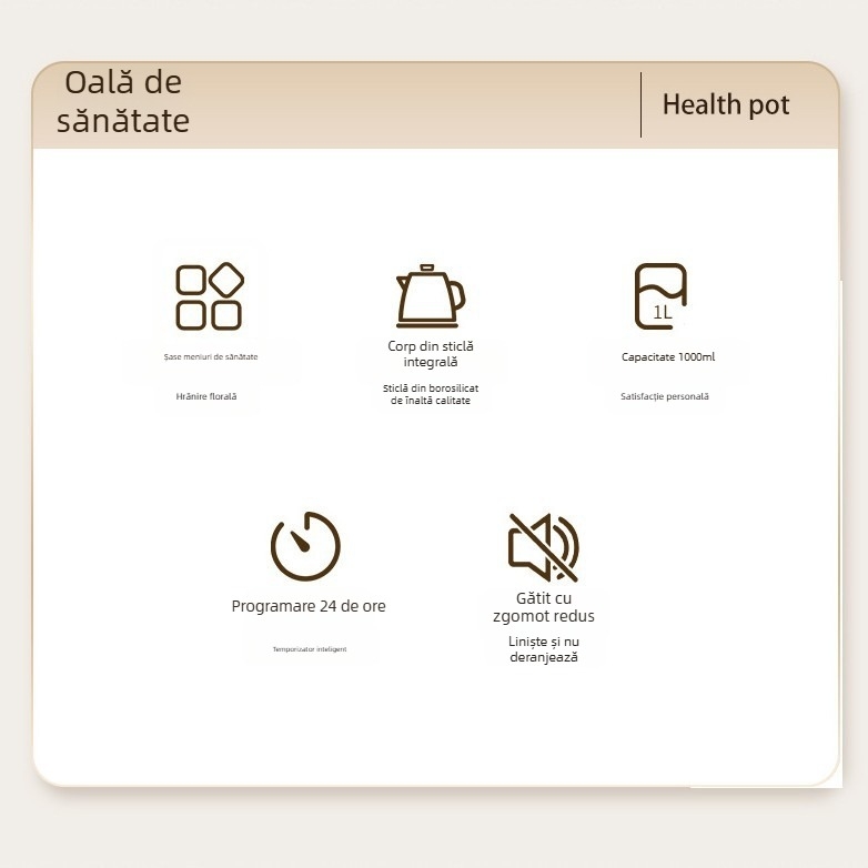 Ceainic de sănătate din sticlă, 1L, 220V, 400–500W, Termostat digital, Control cu microcomputer