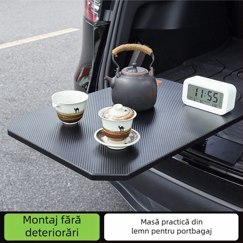 CHONGTENG Masă de portbagaj pentru automobil – lemn, montaj cu clic, pliere, demontare, rotație