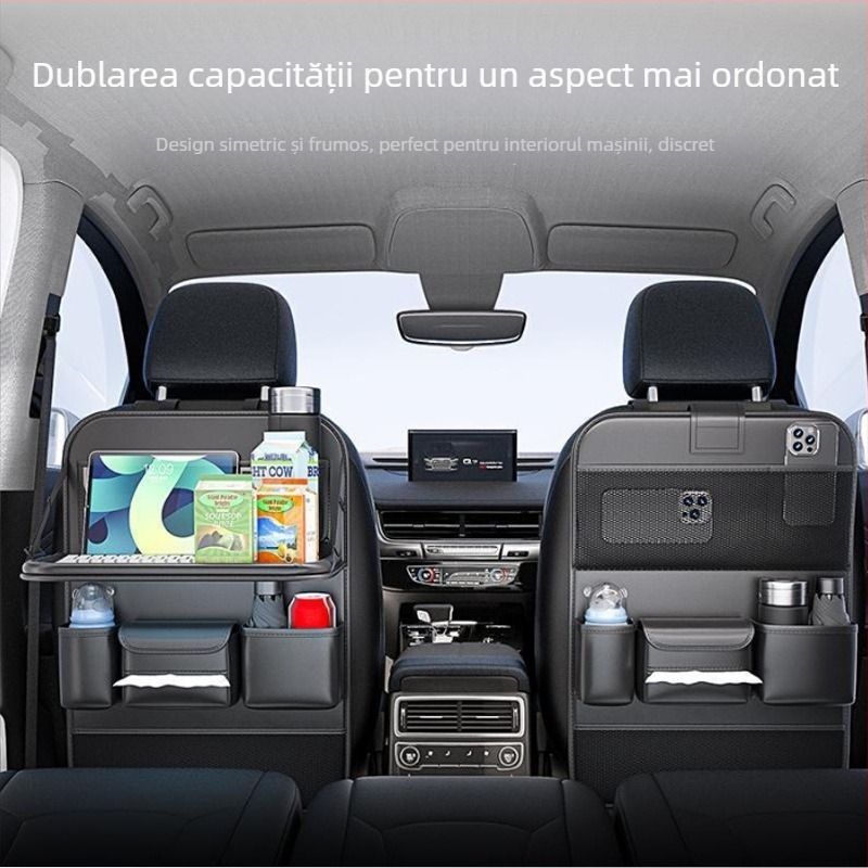 Organizator pentru bancheta din spate a mașinii cu masă pliabilă, suport pentru șervețele și suport pentru pahare – potrivire universală