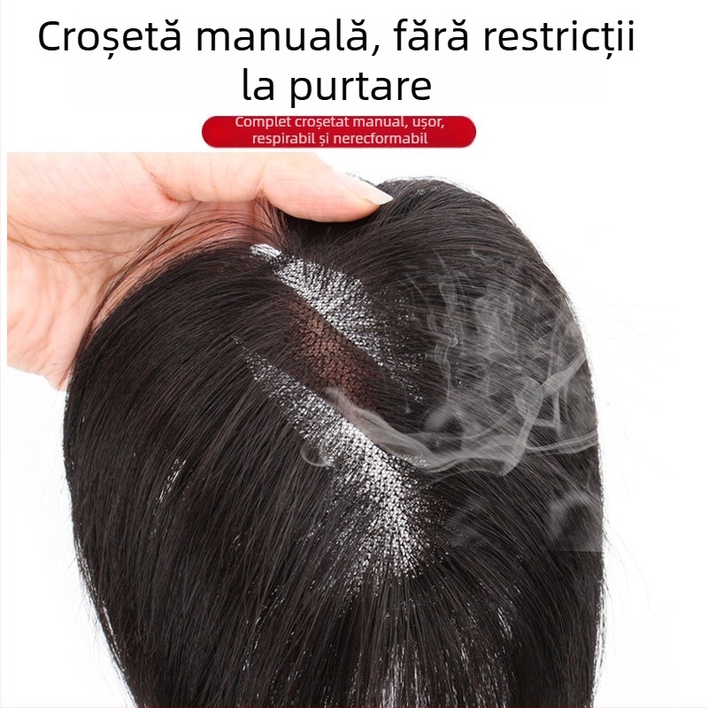 Perucă cu plasă Swiss, țesut manual, acoperire a creștetului, păr drept, ușoară și respirabilă, din păr real uman, poate fi vopsită