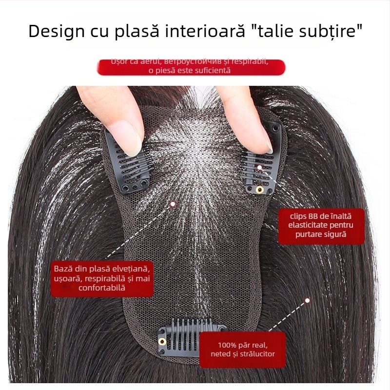 Perucă cu plasă Swiss, țesut manual, acoperire a creștetului, păr drept, ușoară și respirabilă, din păr real uman, poate fi vopsită