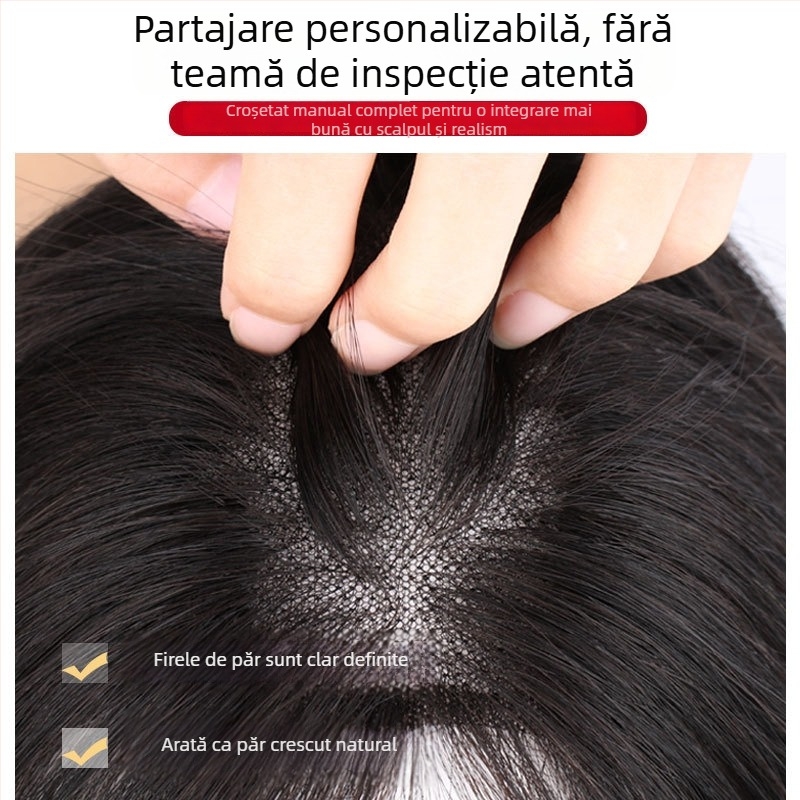 Perucă cu plasă Swiss, țesut manual, acoperire a creștetului, păr drept, ușoară și respirabilă, din păr real uman, poate fi vopsită