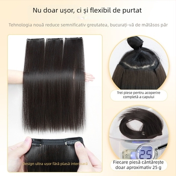 Extensie pentru păr ultraușoară, trei părți, creștere a volumului, bază din păr real fără cusături, păr drept, mătase rezistentă la temperaturi înalte