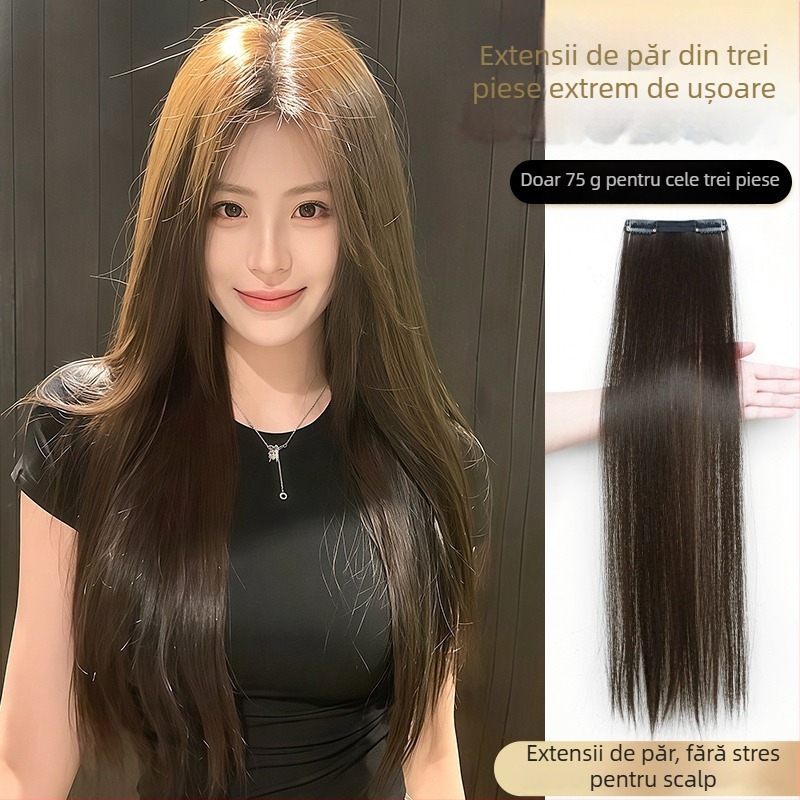 Extensie pentru păr ultraușoară, trei părți, creștere a volumului, bază din păr real fără cusături, păr drept, mătase rezistentă la temperaturi înalte