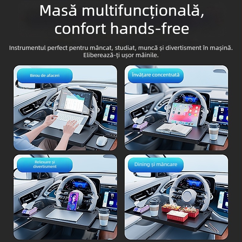 Tavă universală pentru volanul mașinii, multifuncțională, cu suport pentru pahar și birou plutitor în interiorul vehiculului
