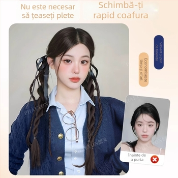 Perucă cu împletituri cu panglică și coadă dublă — fibră sintetică rezistentă la căldură; model Bear Ribbon Twist Braid; nu se poate vopsi sau perma