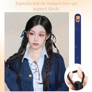 Perucă cu împletituri cu panglică și coadă dublă — fibră sintetică rezistentă la căldură; model Bear Ribbon Twist Braid; nu se poate vopsi sau perma