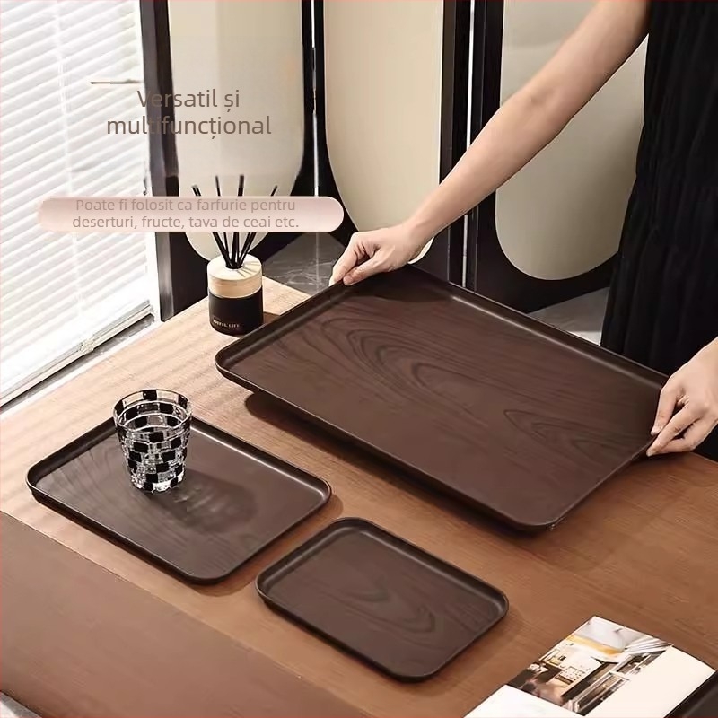 Tavă dreptunghiulară din plastic pentru ceai, cu finisaj lemn imitatie nuc, potrivită pentru hoteluri și utilizare casnică, spațiu de depozitare pentru ceainic și ceai, seria Pallet, stil vintage