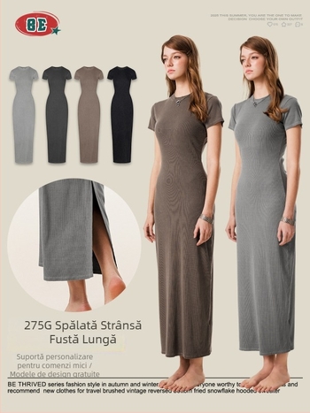 Rochie BE THRIVED: croială slim fit bodycon, lungă, guler rotund, mâneci scurte, țesătură din bumbac amestec