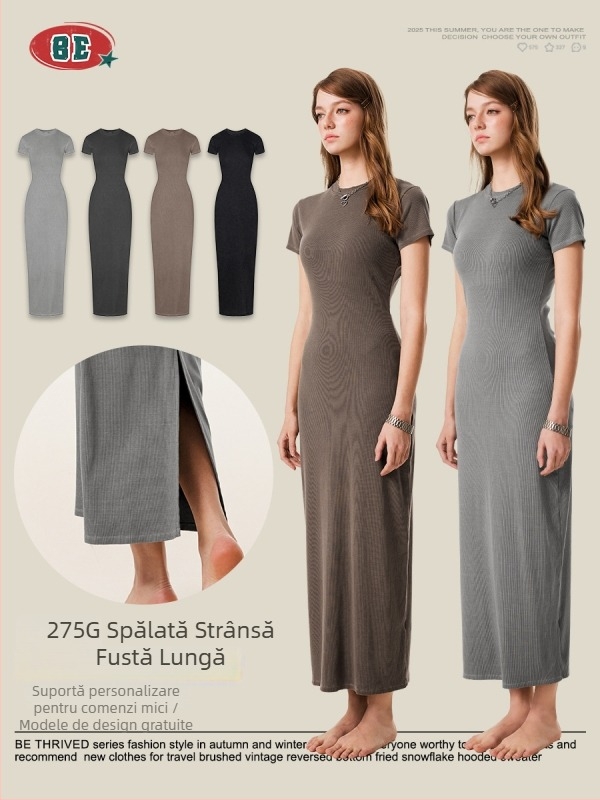 Rochie BE THRIVED: croială slim fit bodycon, lungă, guler rotund, mâneci scurte, țesătură din bumbac amestec