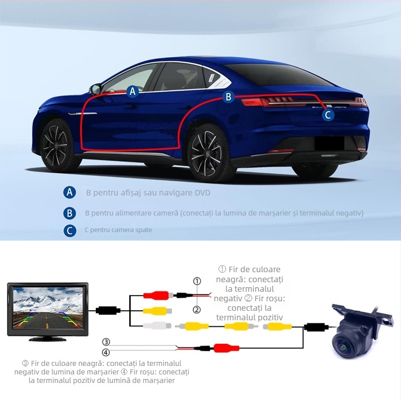 Camera pentru parcare din spate montată pe vehicul JF-T14, 1000TVL, 12V, unghi de vizualizare 180°, intrare video bidirecțională
