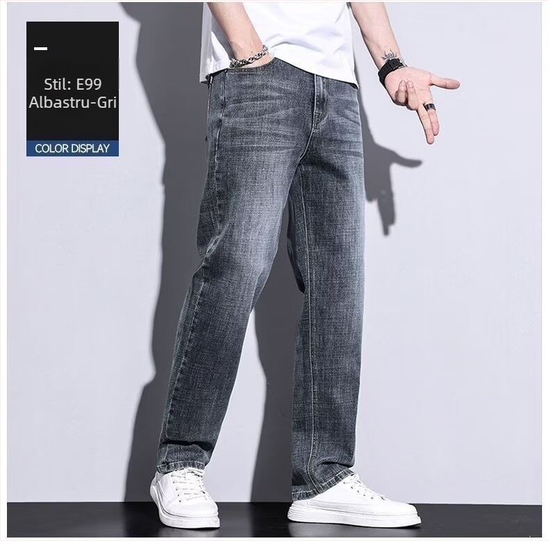 Blugi din denim pentru bărbați, croială dreptă, căptușeală fleece, talie medie, fermoar, lungi