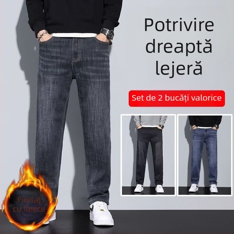 Blugi din denim pentru bărbați, croială dreptă, căptușeală fleece, talie medie, fermoar, lungi