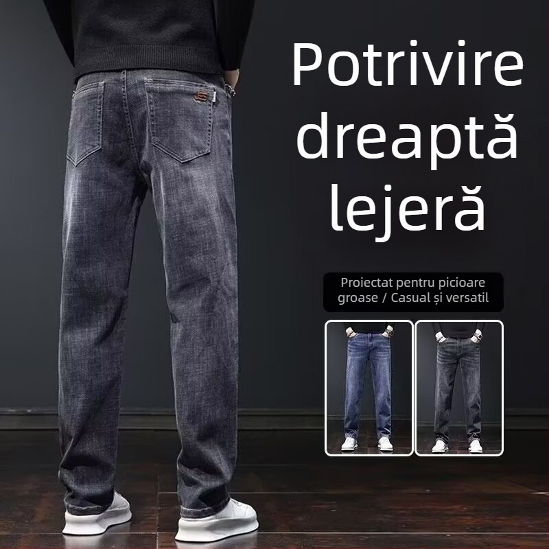 Blugi din denim pentru bărbați, croială dreptă, căptușeală fleece, talie medie, fermoar, lungi