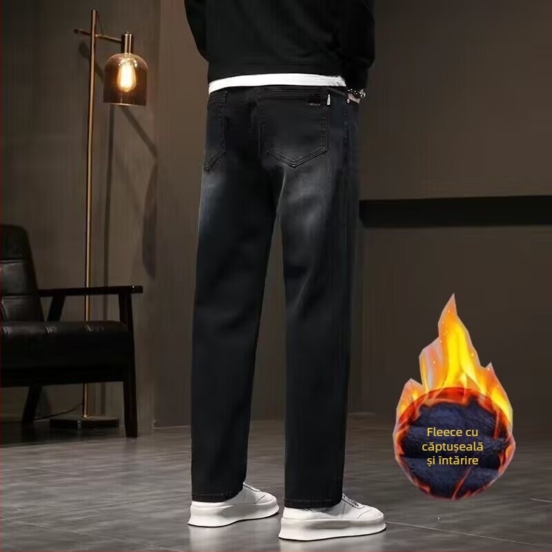 Blugi din denim pentru bărbați, croială dreptă, căptușeală fleece, talie medie, fermoar, lungi