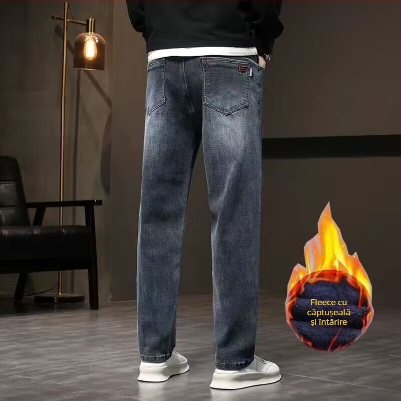 Blugi din denim pentru bărbați, croială dreptă, căptușeală fleece, talie medie, fermoar, lungi
