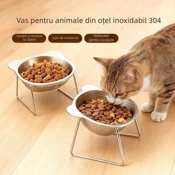 Vas dublu pentru pisici din oțel inoxidabil, cu suport înălțat și protecție anti-răsturnare
