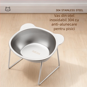Vas dublu pentru pisici din oțel inoxidabil, cu suport înălțat și protecție anti-răsturnare