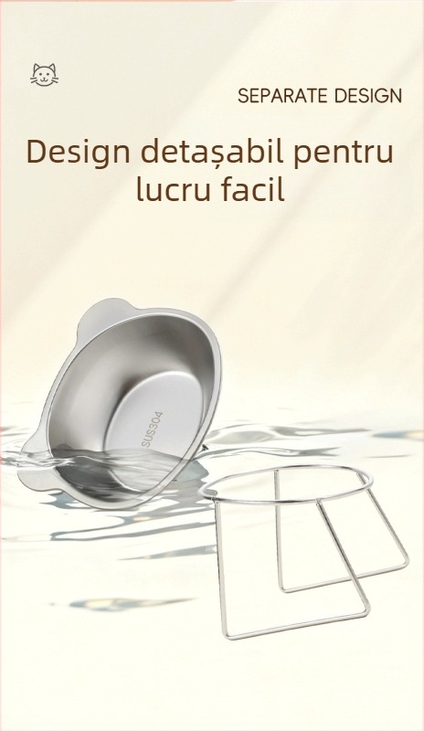 Vas dublu pentru pisici din oțel inoxidabil, cu suport înălțat și protecție anti-răsturnare